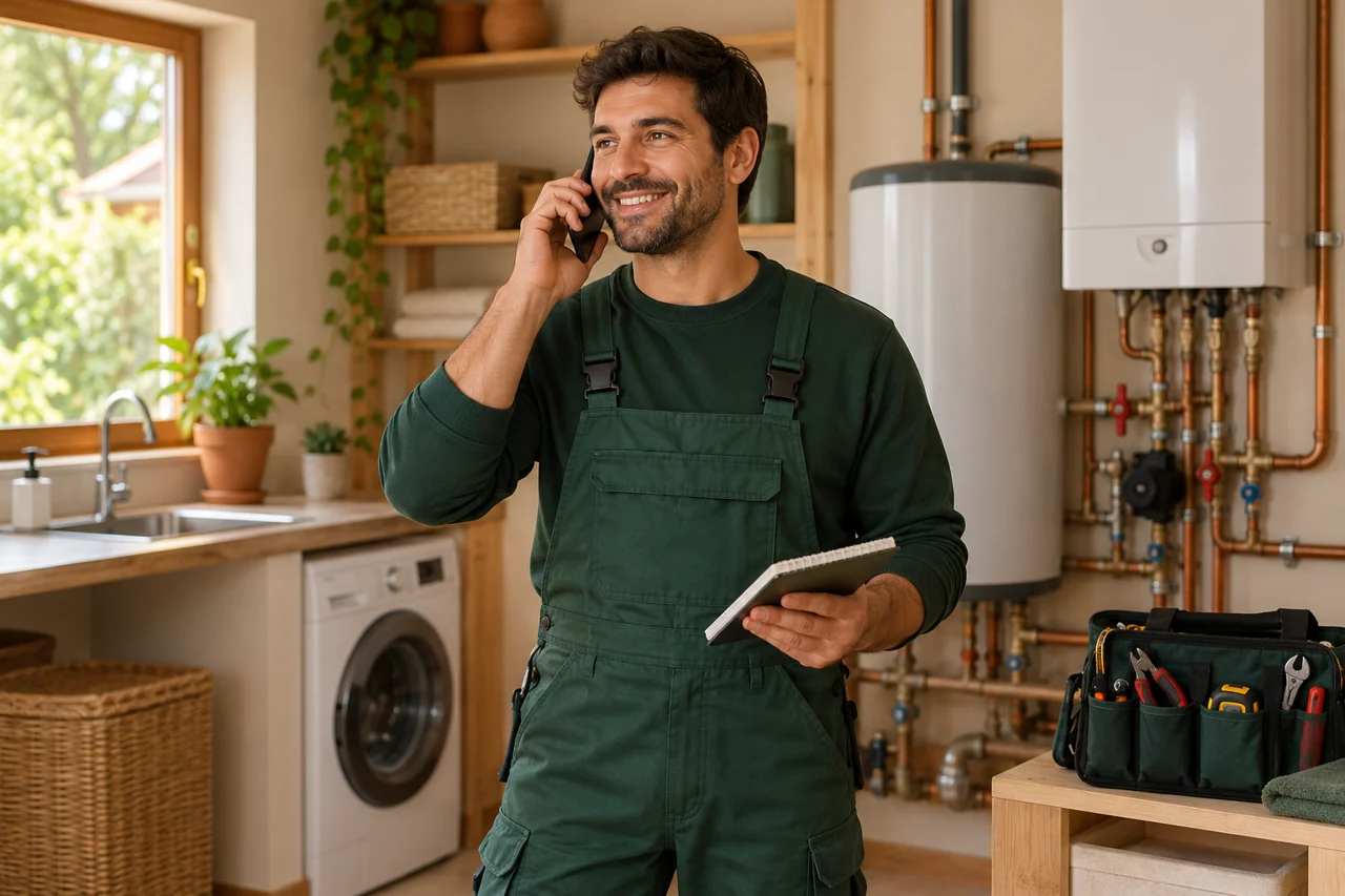 Telefonla servis talebini dinleyen tesisat ustası